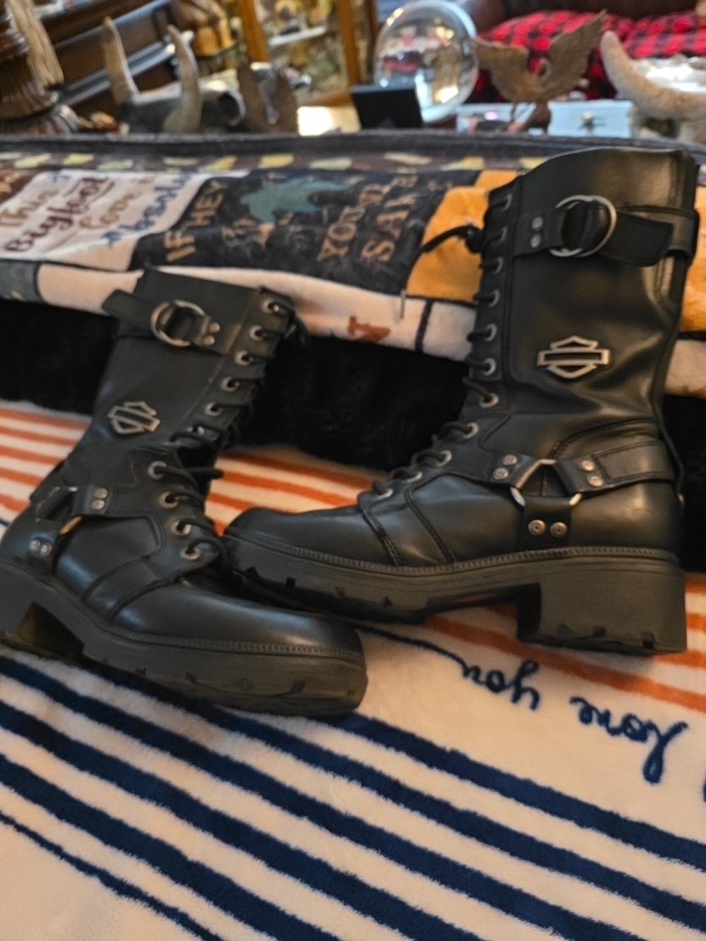 Harley-Davidson Black Leather Lace-Up Motorcycle Boot, Zipper Sides. No Box. - Picture 3 of 12